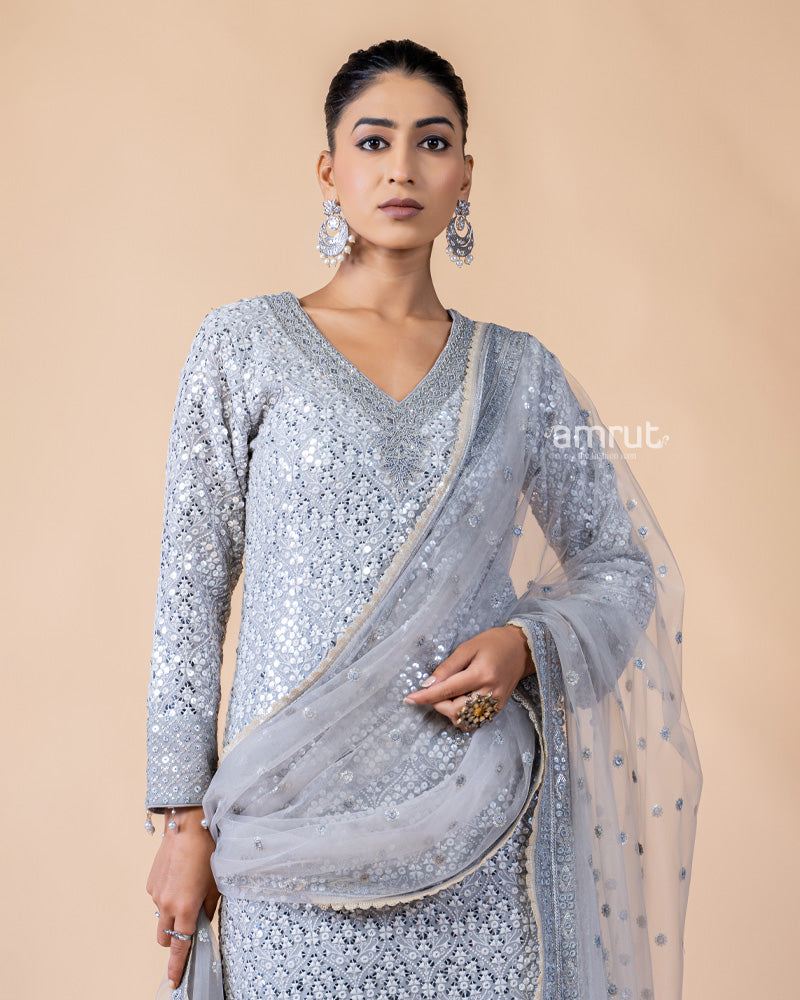 Grey Salwar Kurta with Sequins Work and Net Dupatta