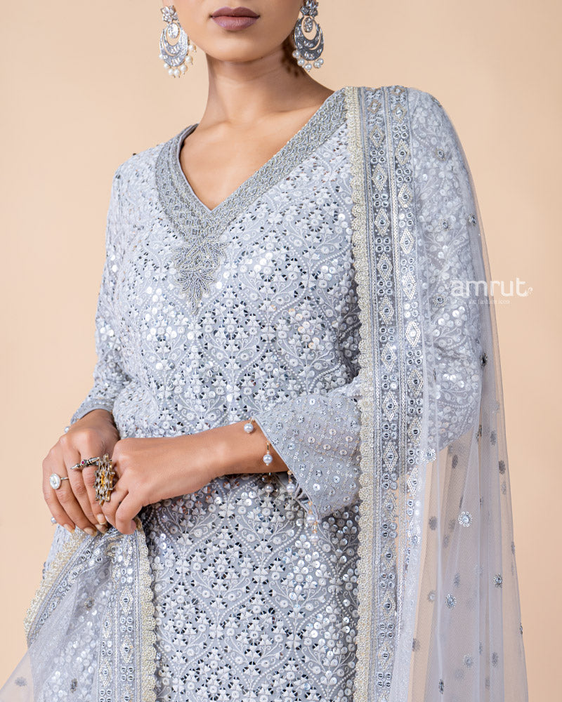 Grey Salwar Kurta with Sequins Work and Net Dupatta