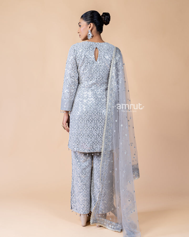 Grey Salwar Kurta with Sequins Work and Net Dupatta