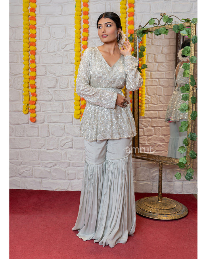 Grey Sharara with Hand Work Peplum Kurta