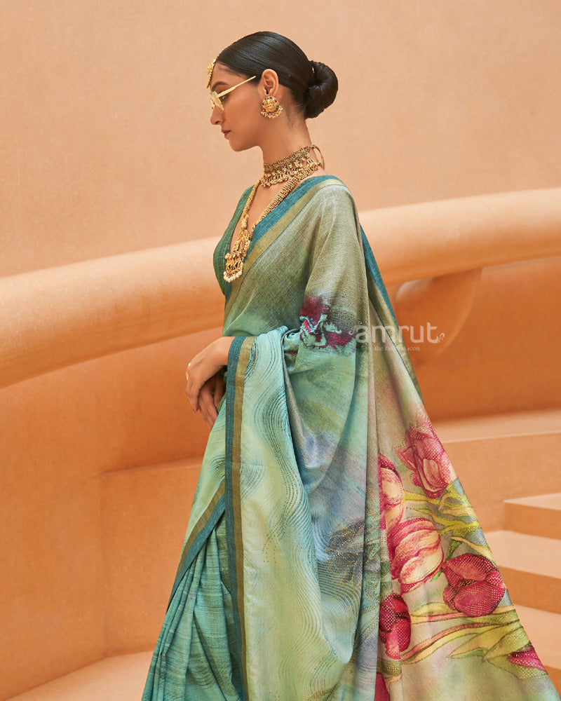 Grey Teal Cotton Silk Saree With Unstitched Blouse