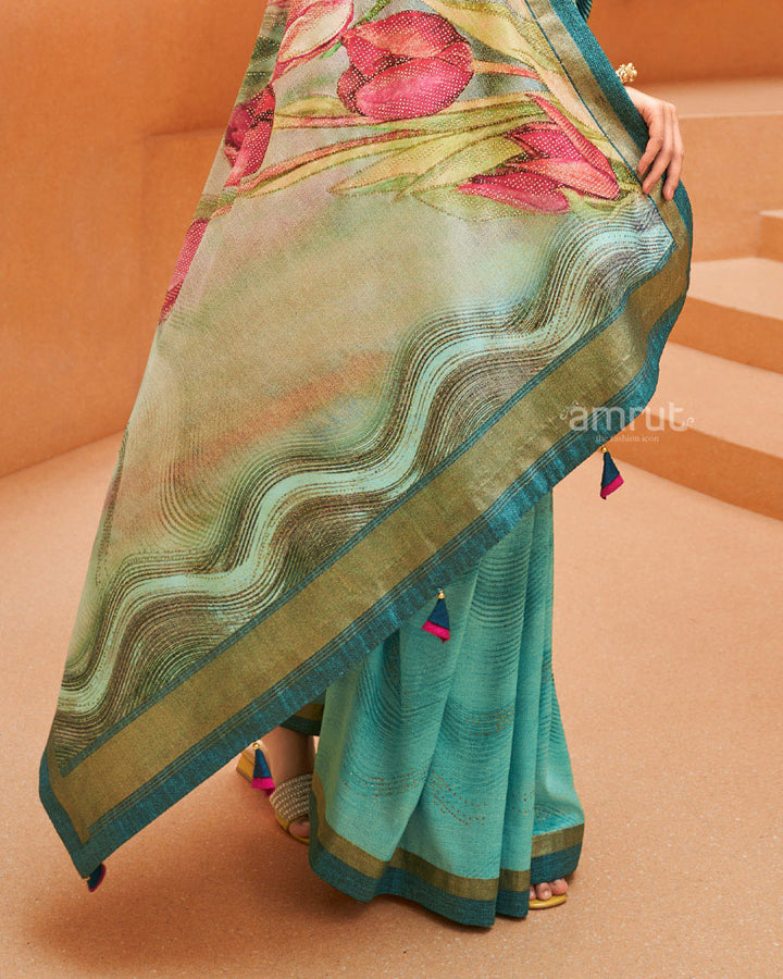 Grey Teal Cotton Silk Saree With Unstitched Blouse