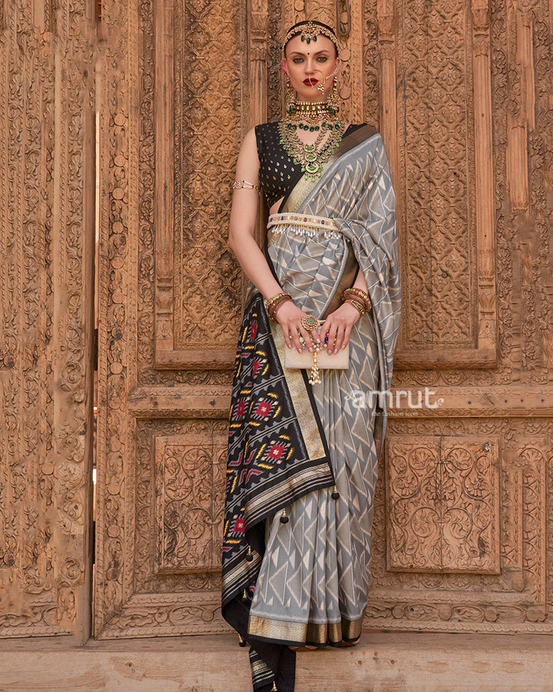 Grey Geometric Patterns & Black Border Patola Silk Saree with Unstitched Blouse 01