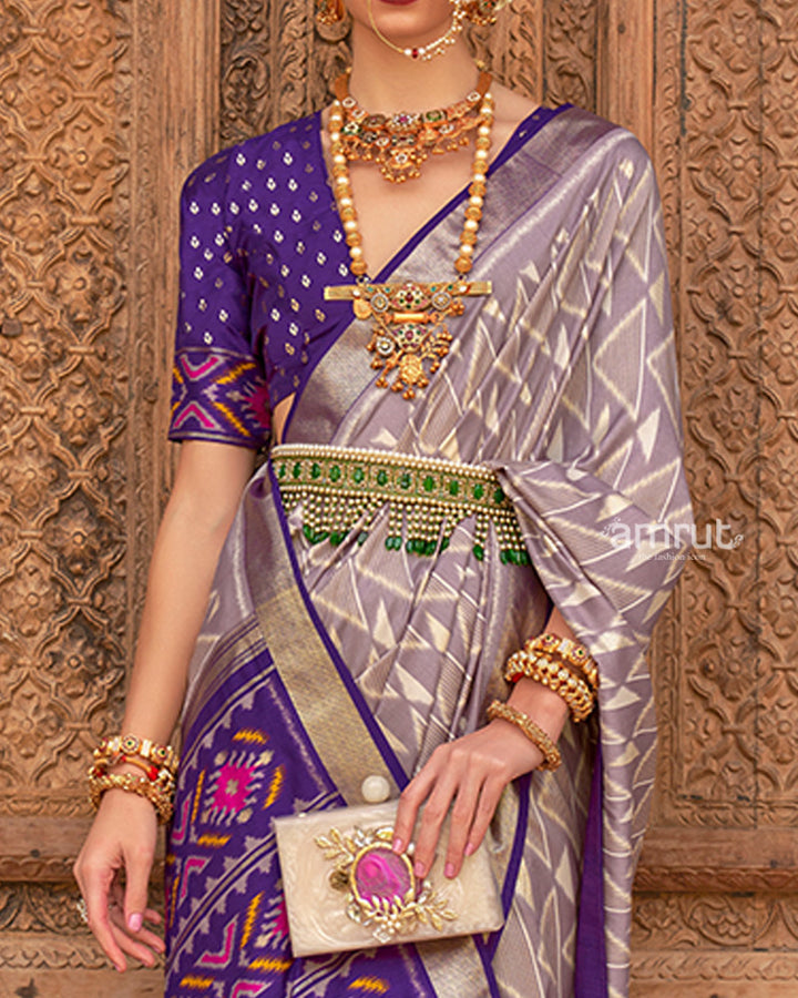 Grey Geometric Patterns & Purple Border Patola Silk Saree with Unstitched Blouse 03