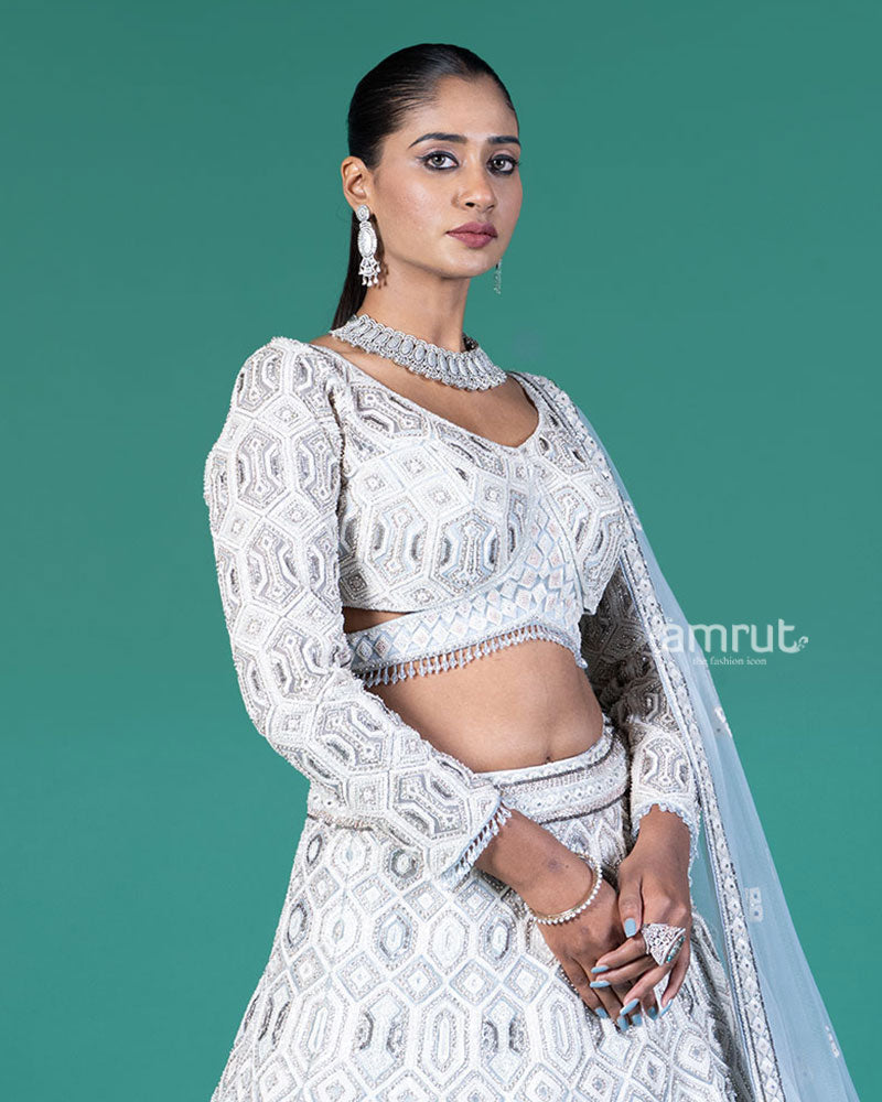 Grey Silver Lehenga and Embroidered Gray Choli with Matching Dupatta 02