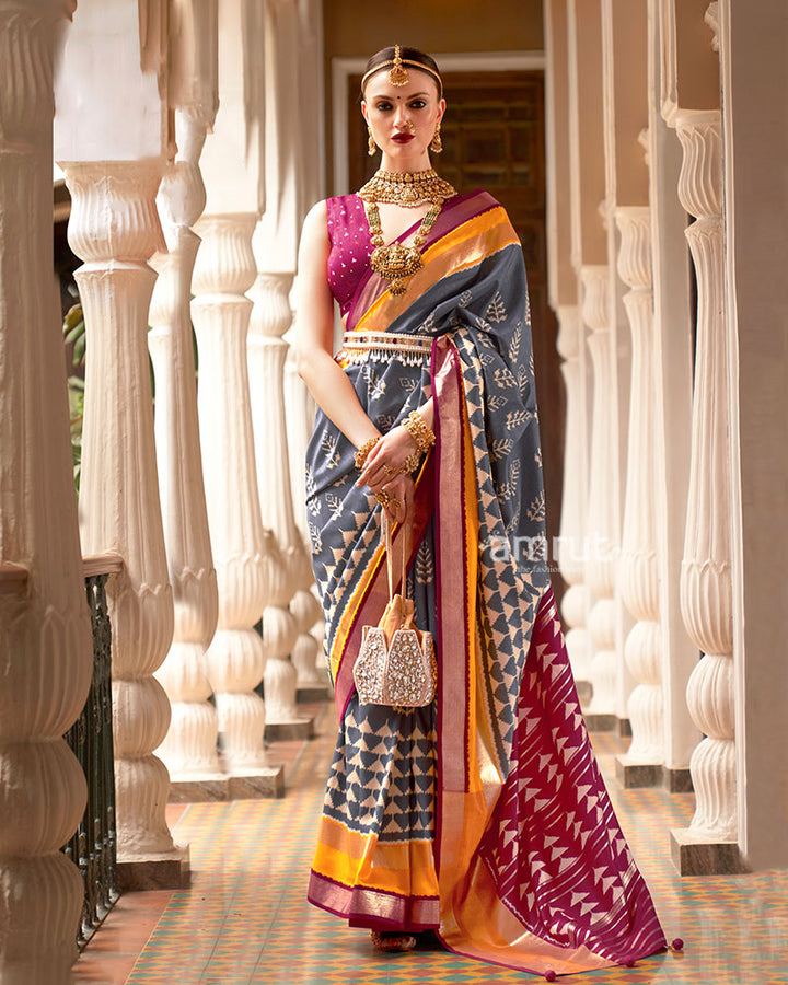 Grey Zari Embellished Borders Silk Saree with Unstitched Blouse 01
