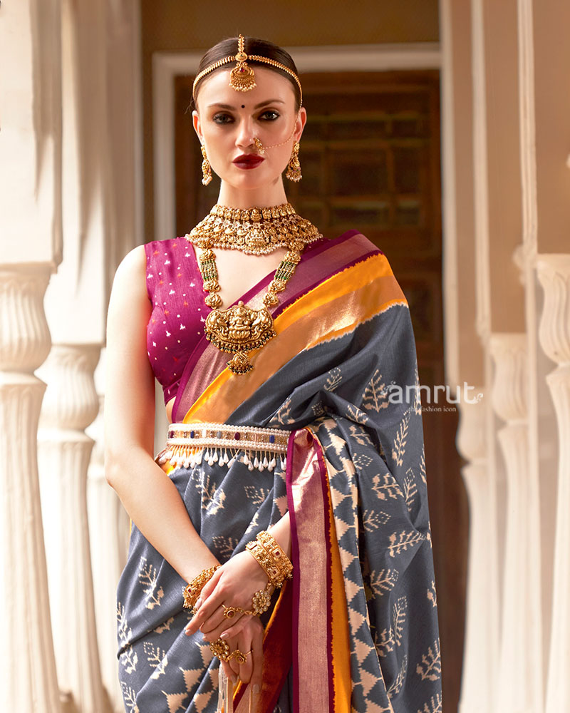 Grey Zari Embellished Borders Silk Saree with Unstitched Blouse 02