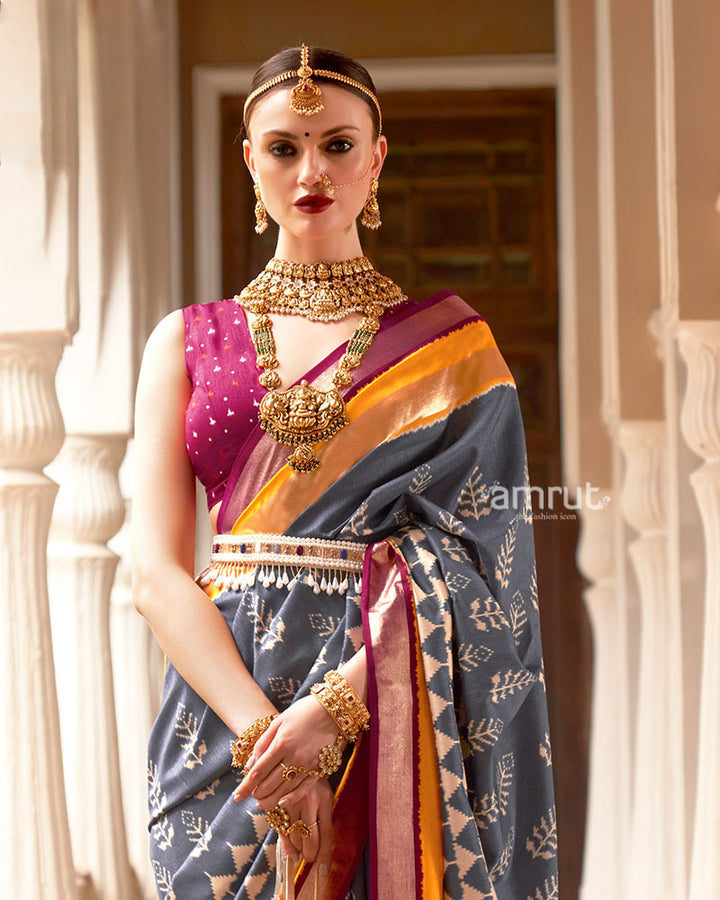 Grey Zari Embellished Borders Silk Saree with Unstitched Blouse 02
