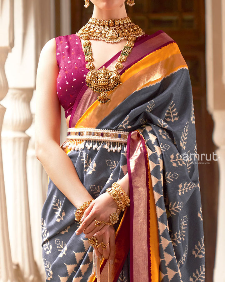Grey Zari Embellished Borders Silk Saree with Unstitched Blouse 03