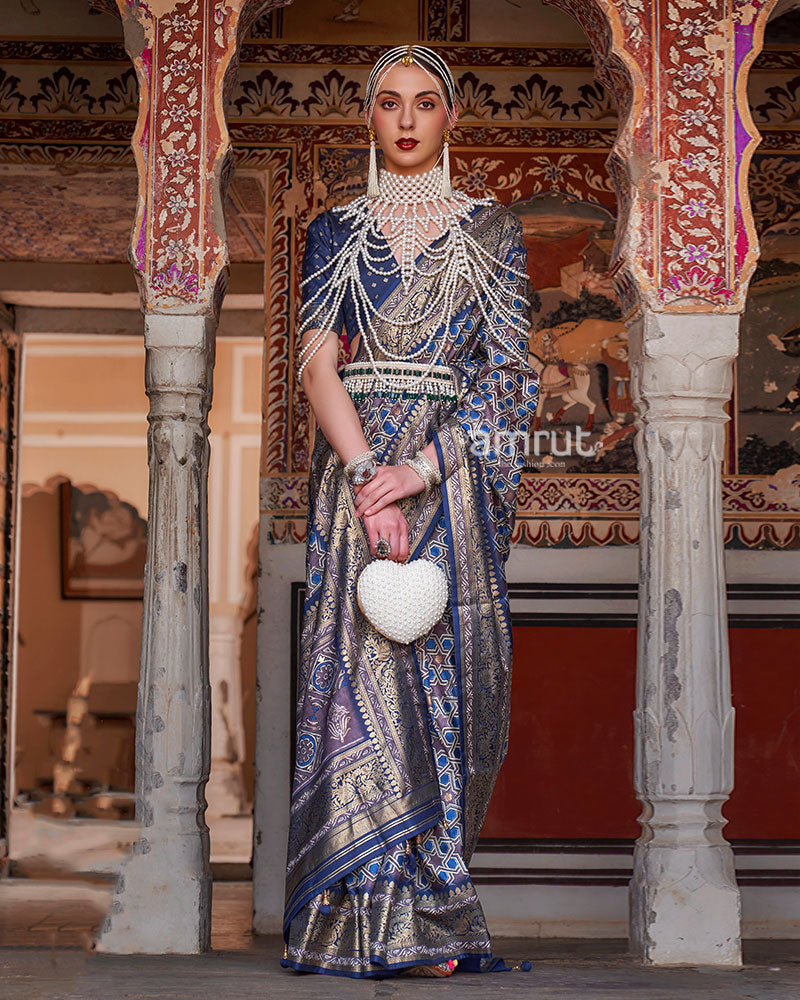 Grey and Blue Printed Silk Saree with Zari Border and Unstitched Blouse 01