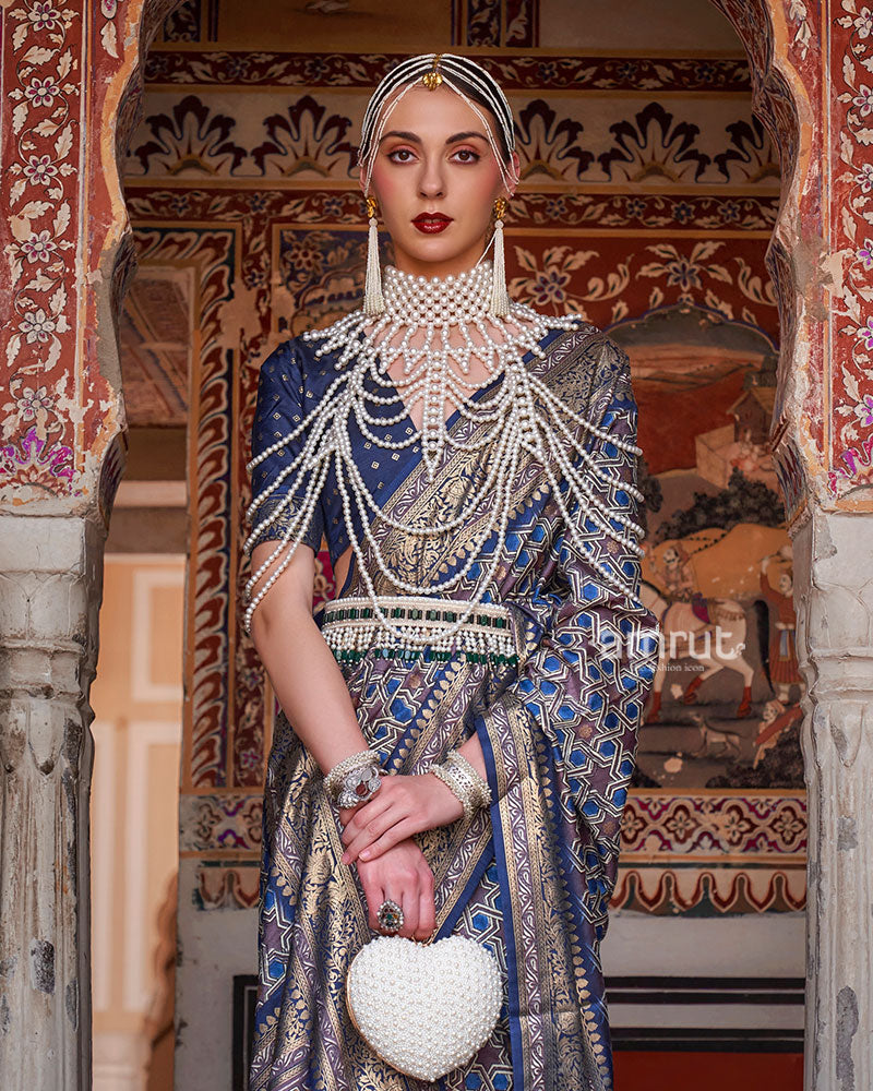 Grey and Blue Printed Silk Saree with Zari Border and Unstitched Blouse 02
