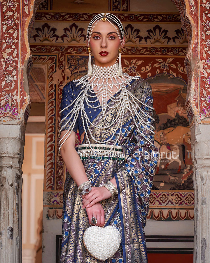 Grey and Blue Printed Silk Saree with Zari Border and Unstitched Blouse 02