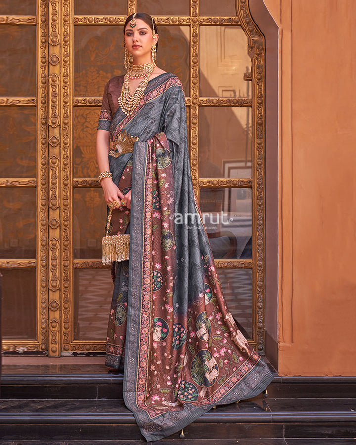 Grey and Brown Border Printed Silk Saree with Unstitched Blouse and Belt 01