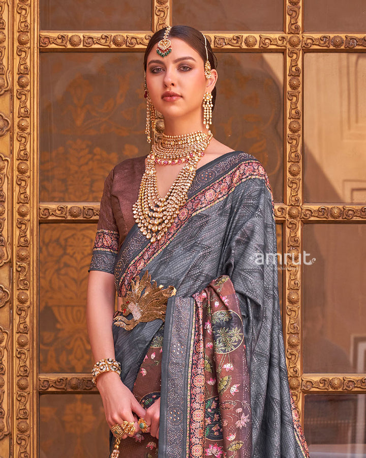 Grey and Brown Border Printed Silk Saree with Unstitched Blouse and Belt 02