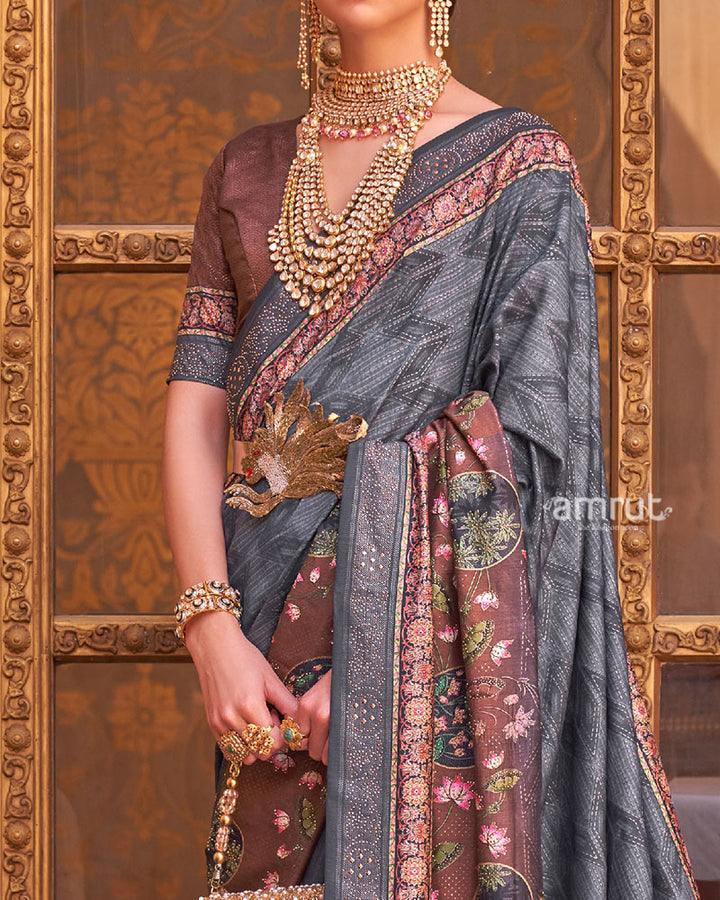 Grey and Brown Border Printed Silk Saree with Unstitched Blouse and Belt 03
