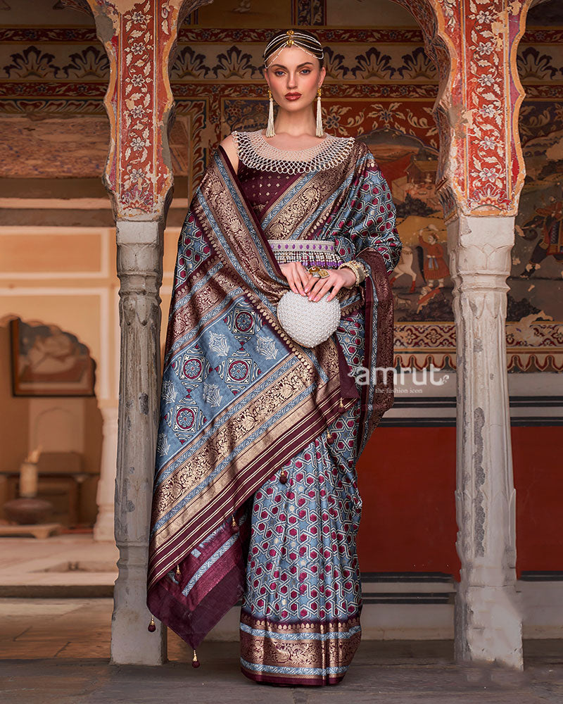 Grey and Maroon Printed Silk Saree with Zari Border and Unstitched Blouse 01