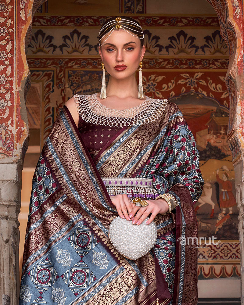 Grey and Maroon Printed Silk Saree with Zari Border and Unstitched Blouse 02