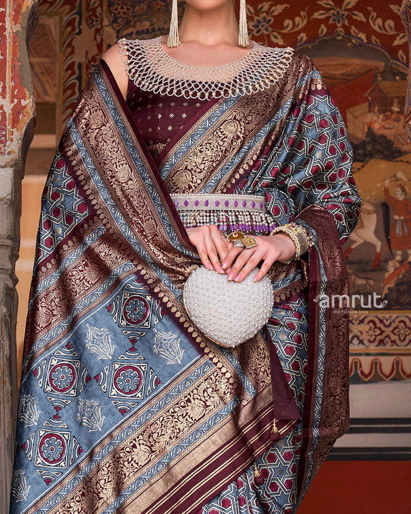 Grey and Maroon Printed Silk Saree with Zari Border and Unstitched Blouse 03