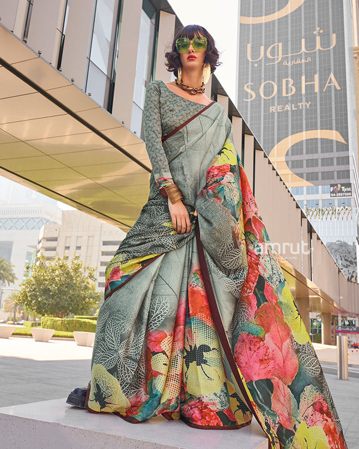Grey and Multicolor Digital Print Satin Saree with Unstitched Blouse 01