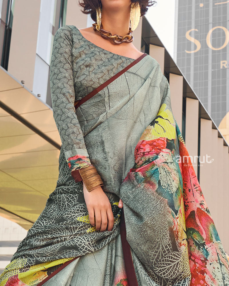 Grey and Multicolor Digital Print Satin Saree with Unstitched Blouse 02