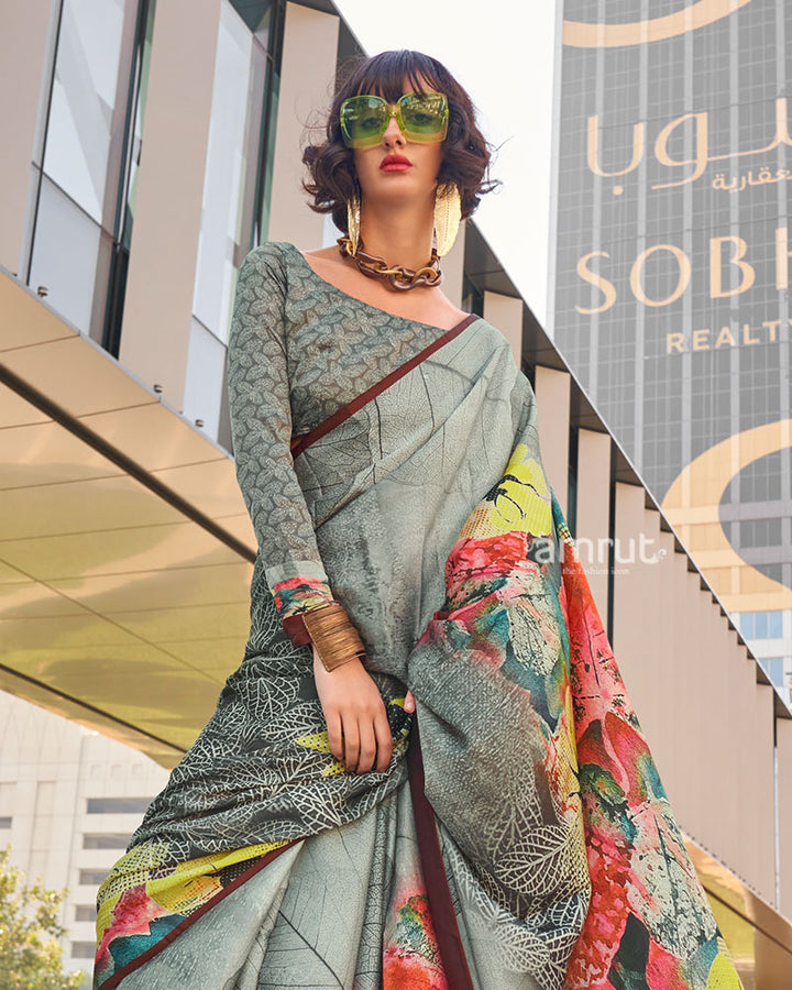 Grey and Multicolor Digital Print Satin Saree with Unstitched Blouse 03