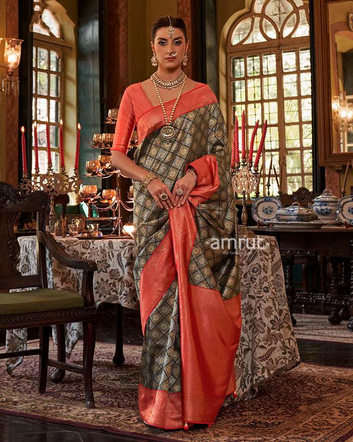 Grey and Orange Paisley Woven Border Kanjeevaram Silk Saree with Unstitched Blouse 01