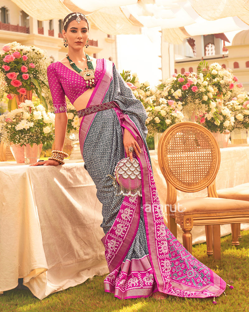 Grey and Pink Zari Border Patola Silk Saree with Unstitched Blouse 01