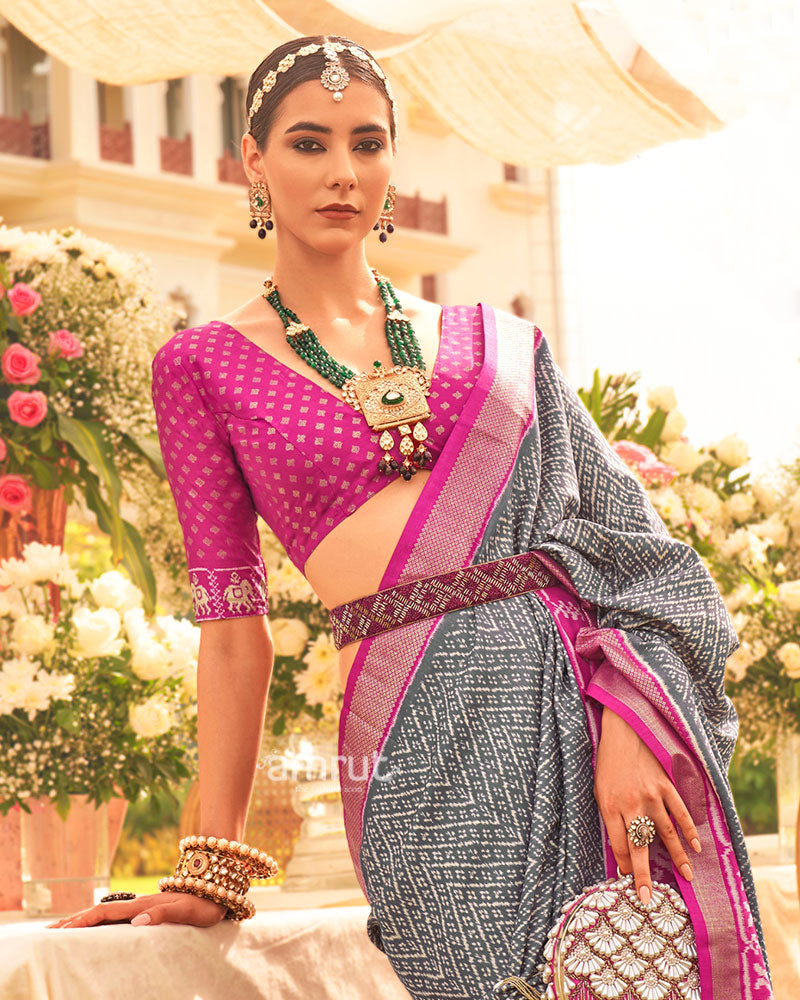 Grey and Pink Zari Border Patola Silk Saree with Unstitched Blouse 02