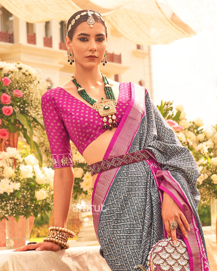 Grey and Pink Zari Border Patola Silk Saree with Unstitched Blouse 02