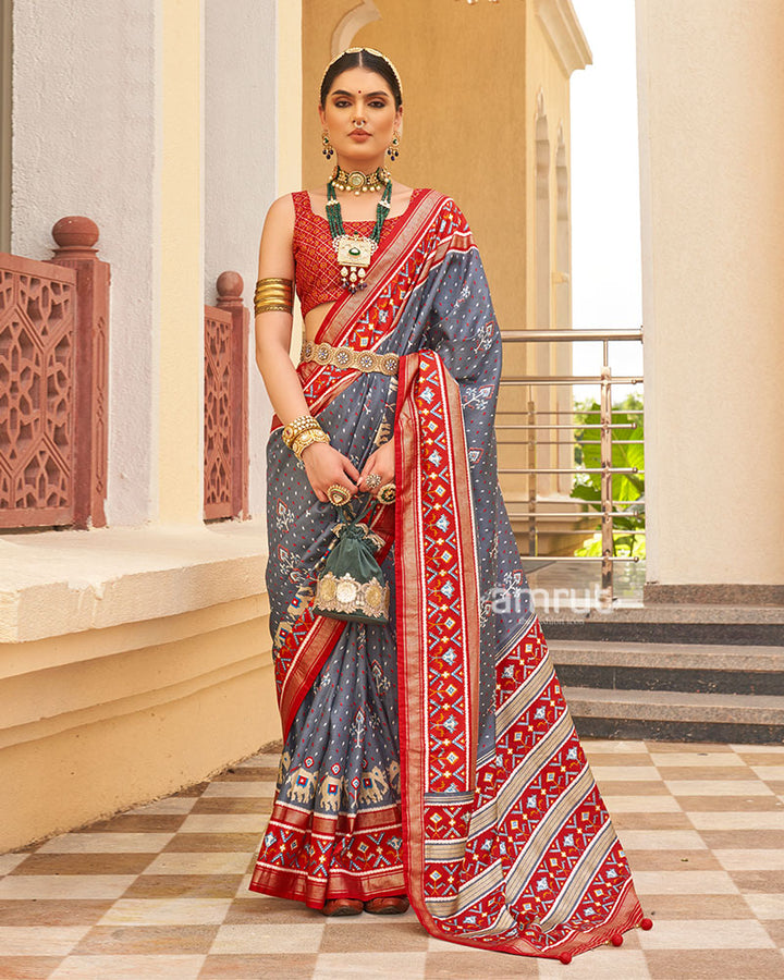 Grey and Red Ethnic Printed Patola Silk Saree with Unstitched Blouse 01