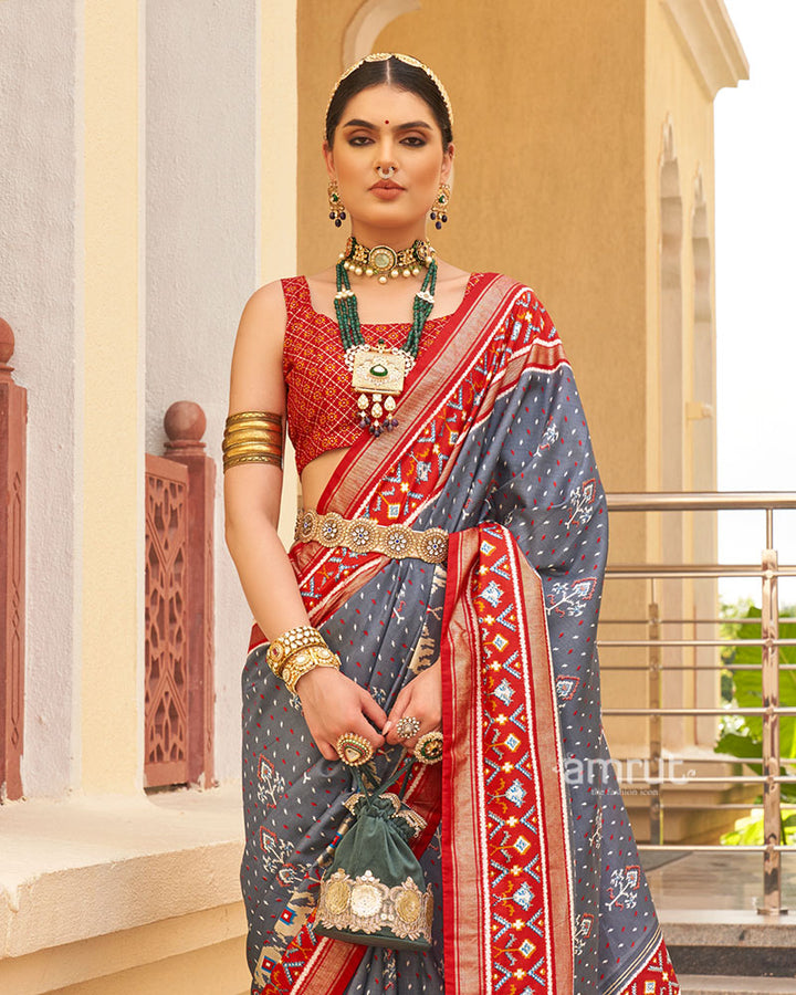 Grey and Red Ethnic Printed Patola Silk Saree with Unstitched Blouse 02