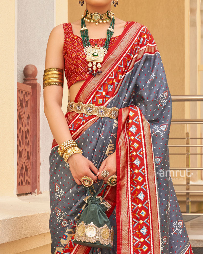 Grey and Red Ethnic Printed Patola Silk Saree with Unstitched Blouse 03