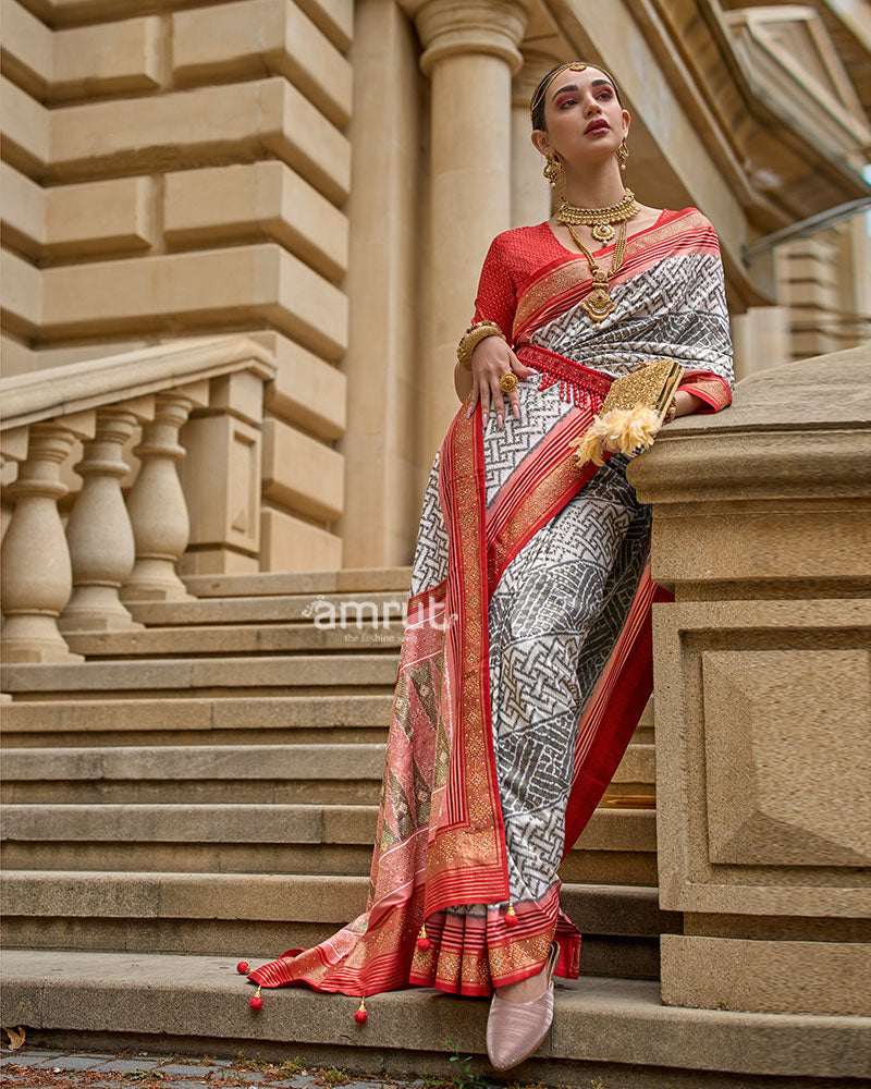 Grey and Red Patola Printed Saree with Zari Border & Unstitched Blouse 01