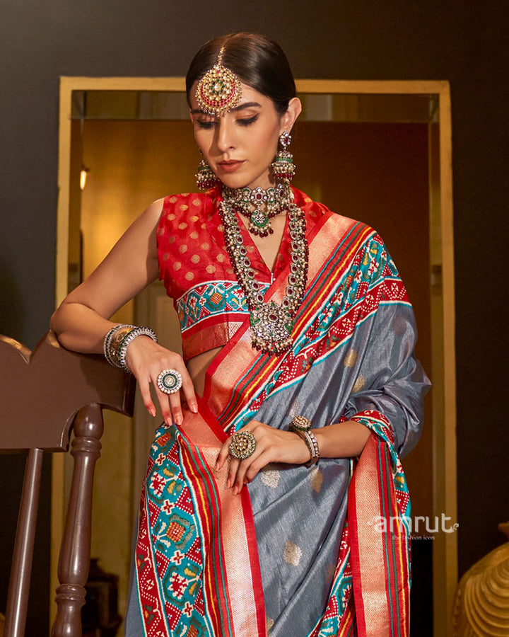 Grey and Red Printed Border Traditional Saree with Unstitched Blouse 02