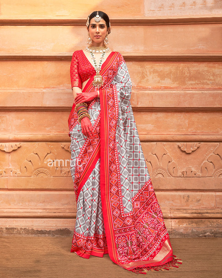 Grey and Red Printed Traditional Saree with Unstitched Blouse 01
