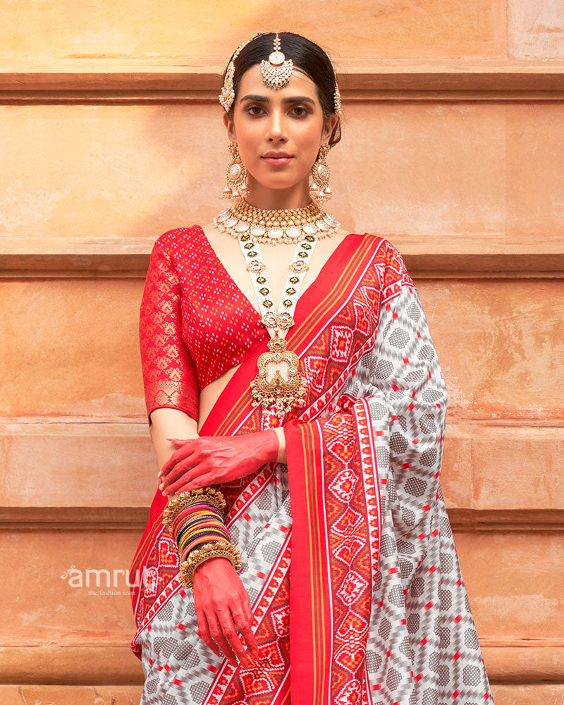 Grey and Red Printed Traditional Saree with Unstitched Blouse 02