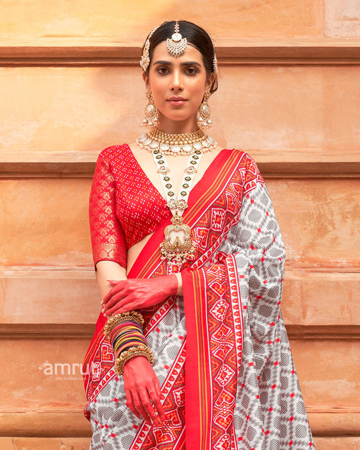 Grey and Red Printed Traditional Saree with Unstitched Blouse 02