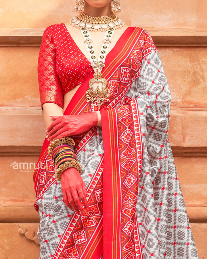Grey and Red Printed Traditional Saree with Unstitched Blouse 03