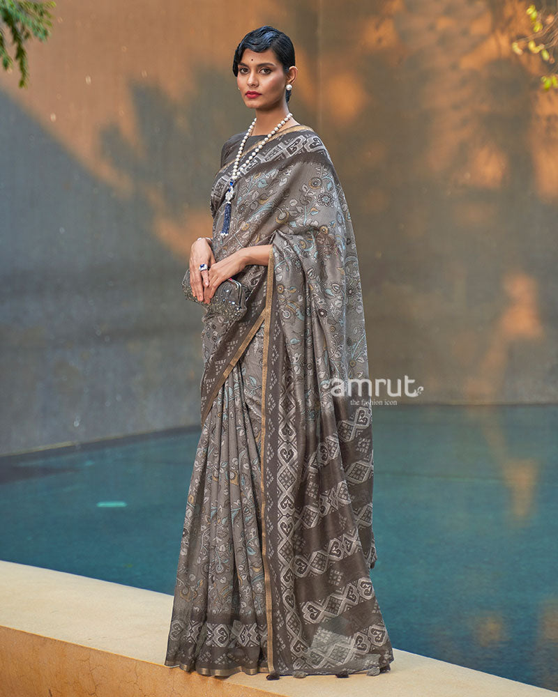 Grey and Taupe Floral Printed Cotton Saree with Unstitched Blouse 01