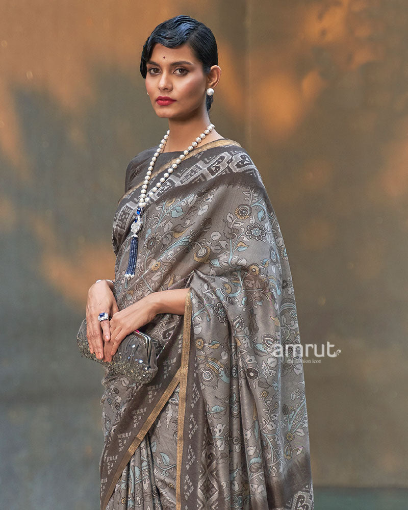 Grey and Taupe Floral Printed Cotton Saree with Unstitched Blouse 02