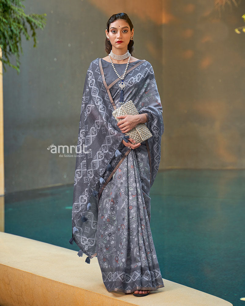 Grey and White Floral Printed Cotton Saree with Unstitched Blouse 01