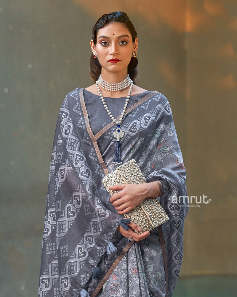 Grey and White Floral Printed Cotton Saree with Unstitched Blouse 02