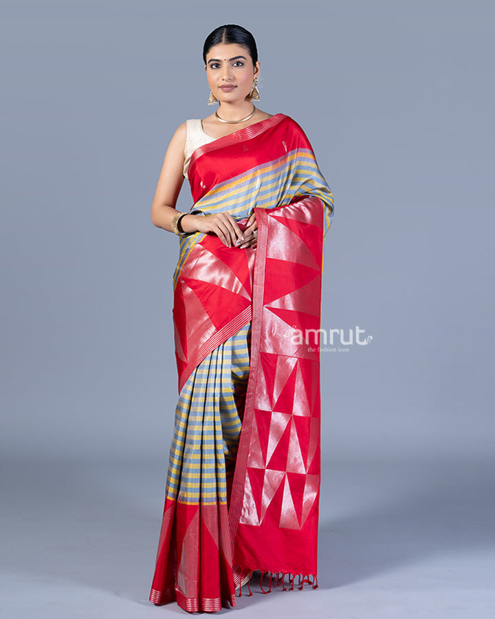 Grey and Yellow Striped Saree with Red Border with Unstitched Blouse 01