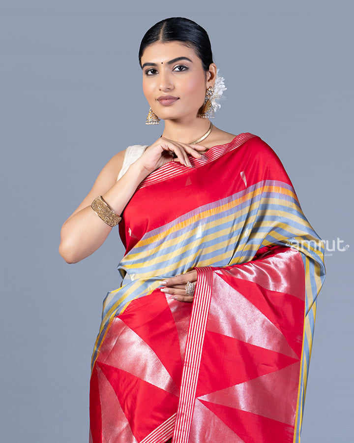Grey and Yellow Striped Saree with Red Border with Unstitched Blouse 02