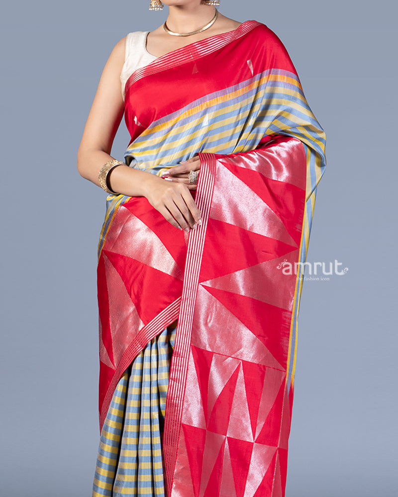 Grey and Yellow Striped Saree with Red Border with Unstitched Blouse 03