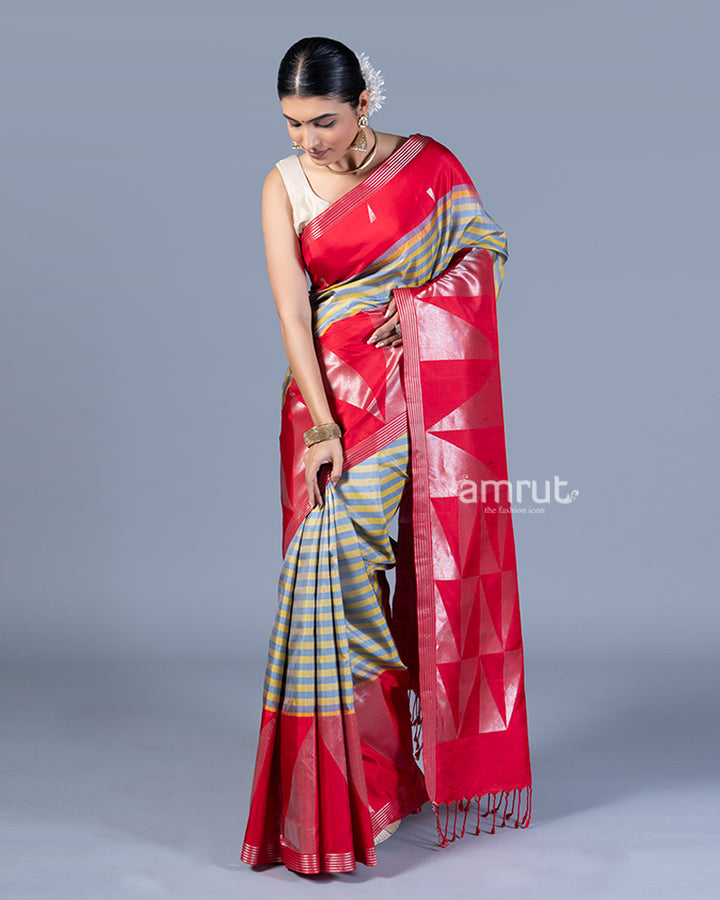 Grey and Yellow Striped Saree with Red Border with Unstitched Blouse 04