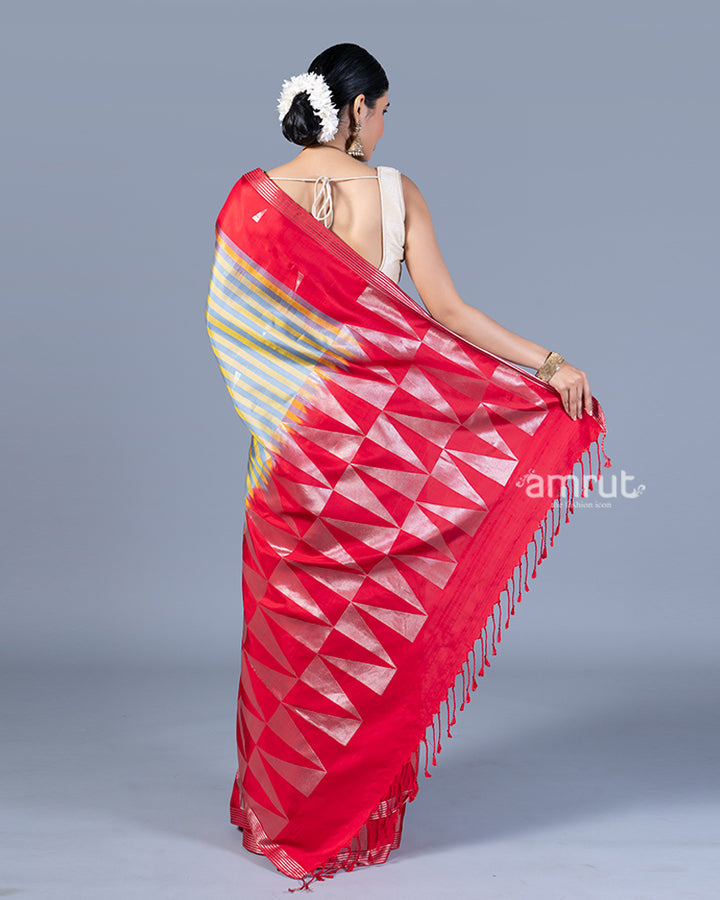 Grey and Yellow Striped Saree with Red Border with Unstitched Blouse 05