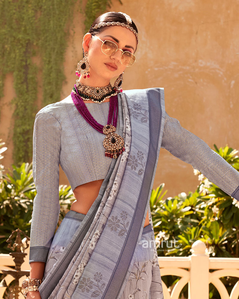 Grey with Blue Border Printed Saree and Unstitched Blouse 02