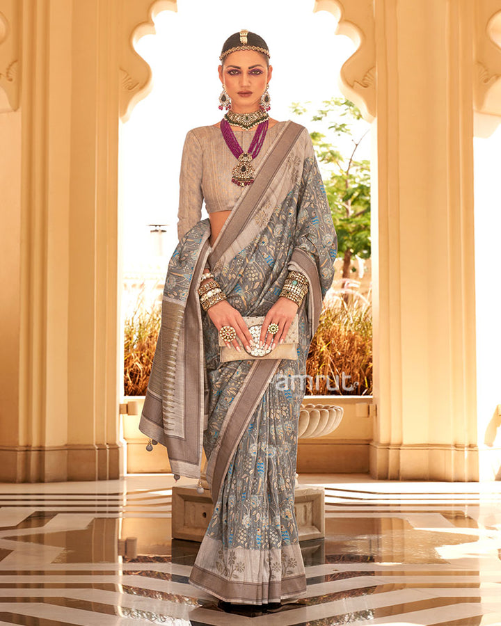 Grey with Light Brown Border Printed Saree and Unstitched Blouse 01