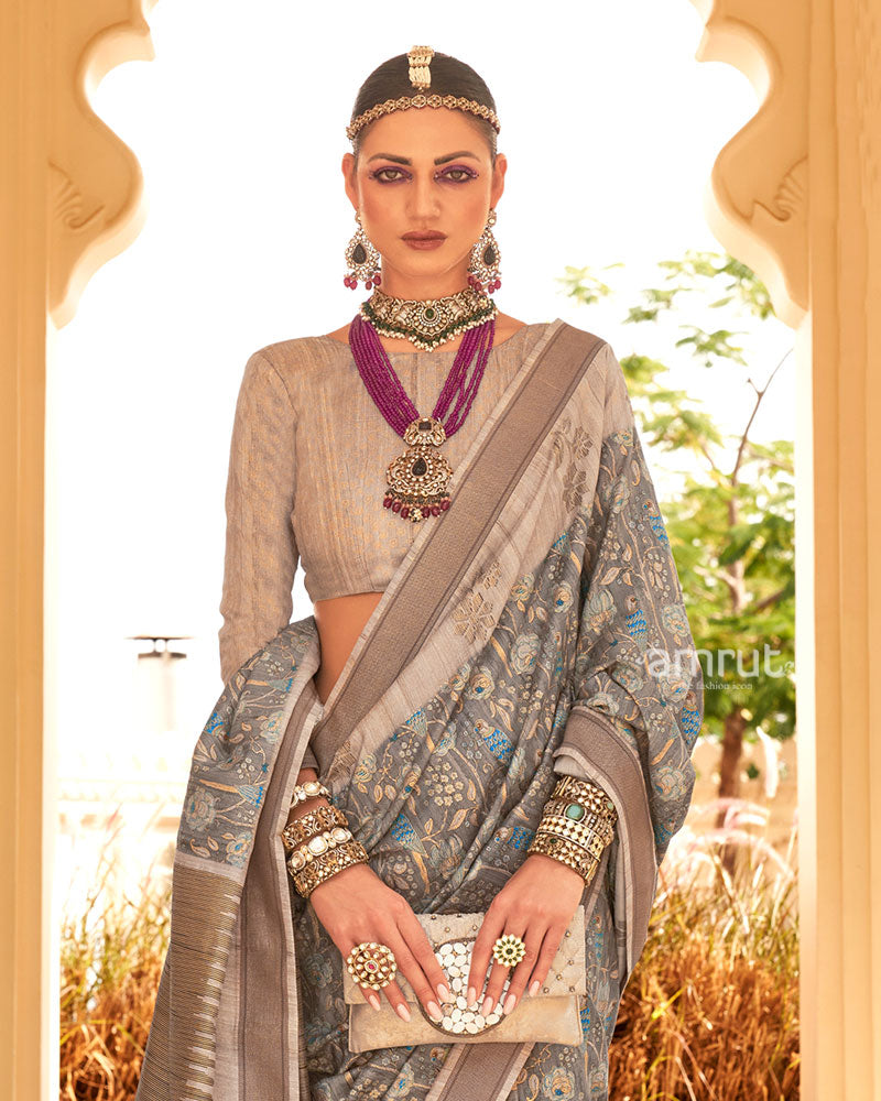 Grey with Light Brown Border Printed Saree and Unstitched Blouse 02